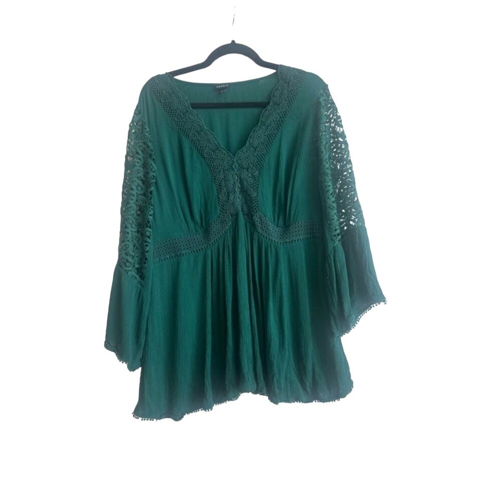 Torrid Emerald Green Boho Lace Eyelet and Frills Flowy Blouse